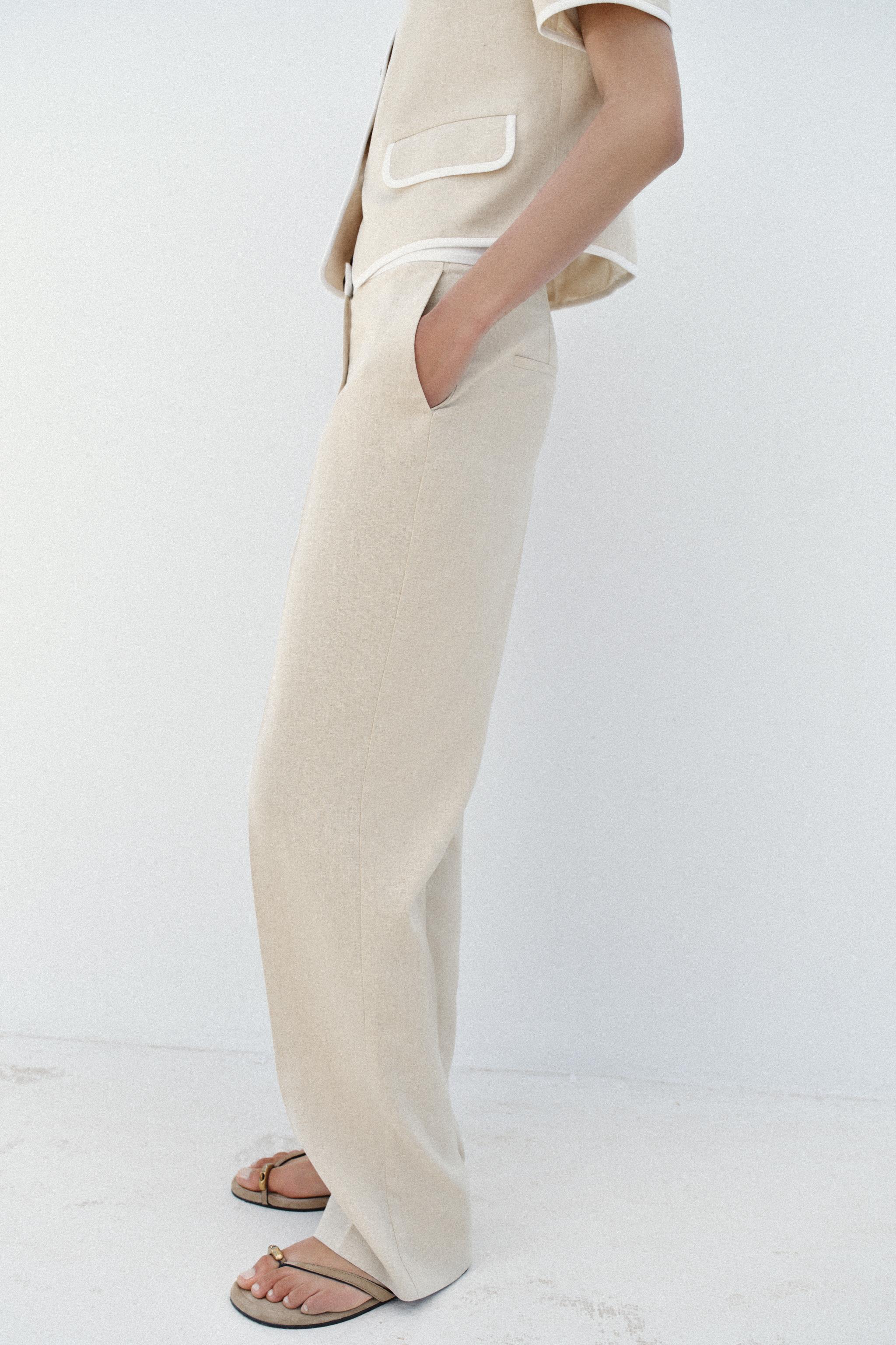 STRAIGHT LEG LINEN PANTS WITH CONTRAST WAIST